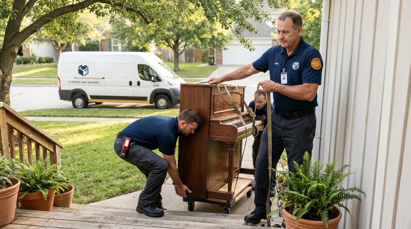 Licensed piano movers securing grand piano in Port Norris, NJ