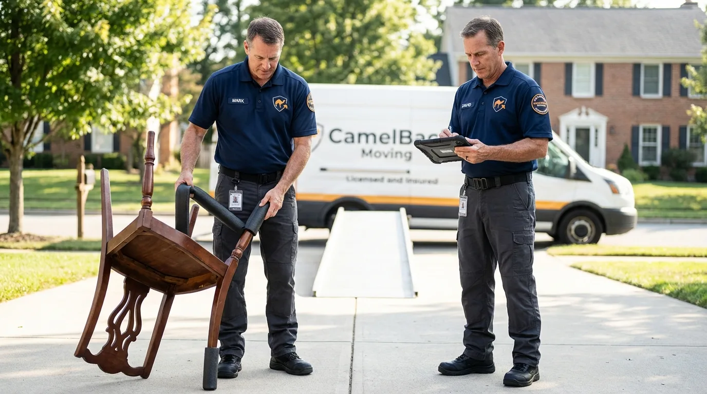 Movers inspecting furniture for damage prevention before loading in Port Norris, NJ